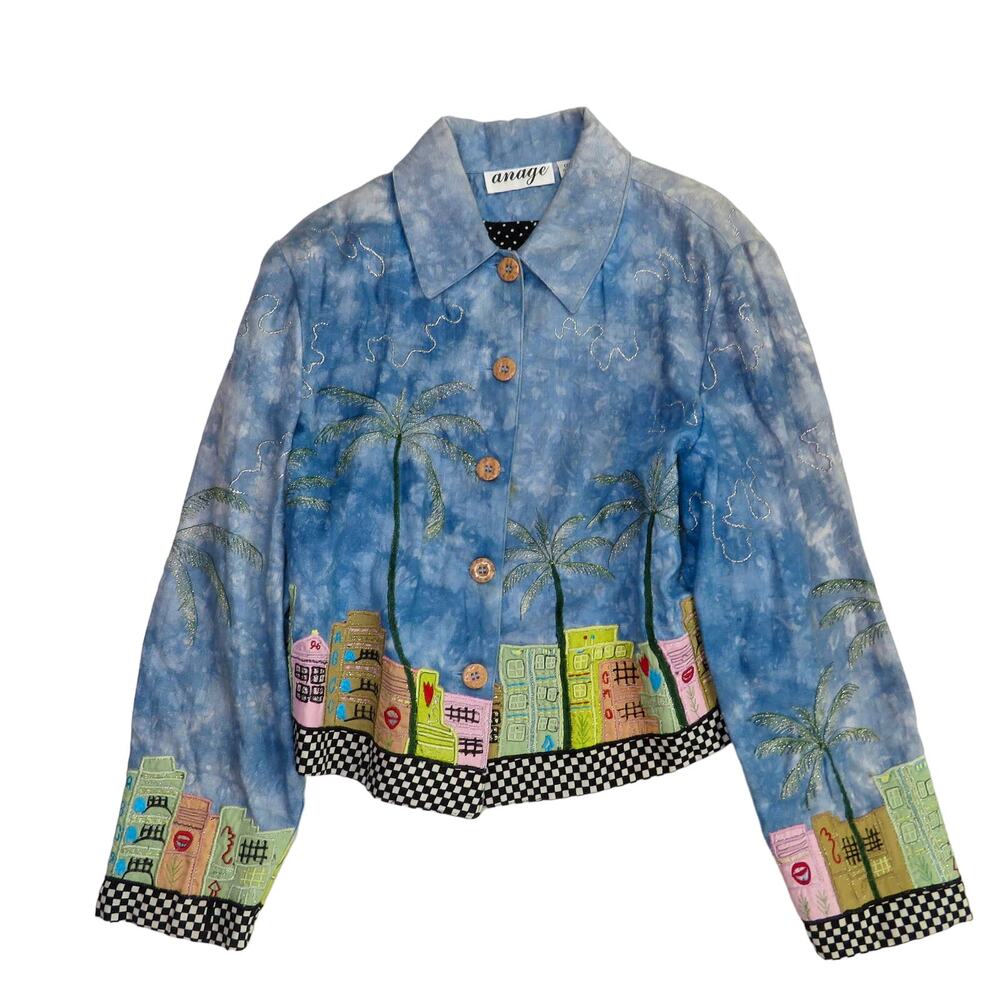 Funky 1990s Vintage Art To Wear Quirky City Scape Retro Jacket Small